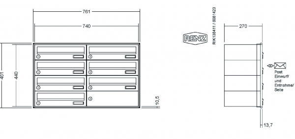 RENZ Briefkastenanlage Unterputz, Schattenfugenrahmen, Kastenformat 370x110x270mm, 7-teilig,